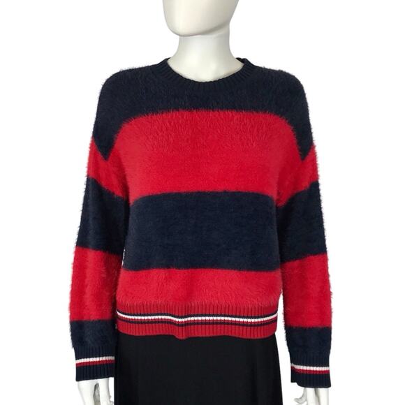 Tommy Hilfiger Fuzzy Sweater Striped Red & White Blue Women's Pullover - Picture 1 of 7